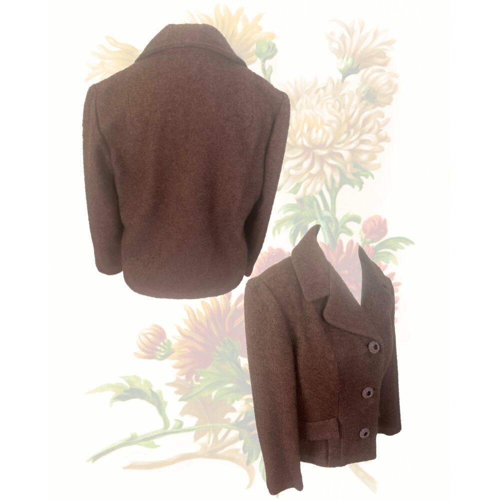 Vintage 50s 60s Chocolate Brown Boucle Cropped Jacket Size M - Picture 2 of 3